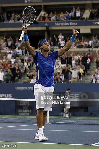 Rafael Nadal of Spain reacts against Novak Djokovic of Serbia during the Men's Final on Day Fifteen of the 2011 US Open at the USTA Billie Jean King...