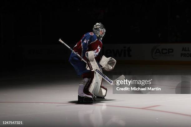 Goaltender Alexandar Georgiev of the Colorado Avalanche takes to the ice prior to the second period against the Vegas Golden Knights at Ball Arena on...