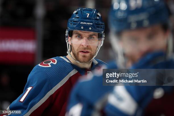 Devon Toews of the Colorado Avalanche looks on during the third period against the Vegas Golden Knights at Ball Arena on February 27, 2023 in Denver,...