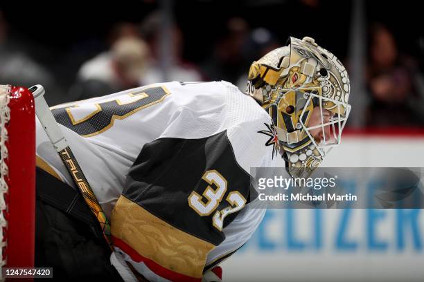 Goaltender Adin Hill of the Vegas Golden Knights looks on during a pause in play against the Colorado Avalanche at Ball Arena on February 27, 2023 in...
