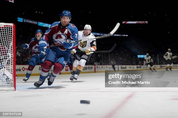 Devon Toews of the Colorado Avalanche skates against the Vegas Golden Knights at Ball Arena on February 27, 2023 in Denver, Colorado. The Avalanche...