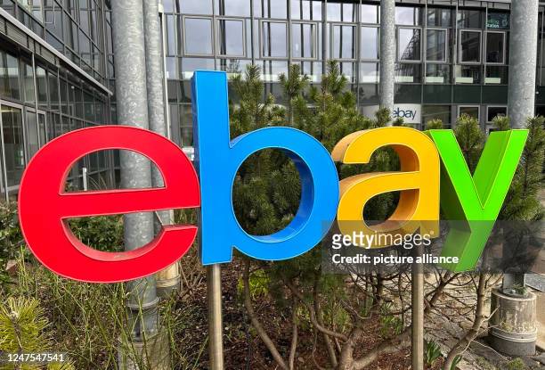 February 2023, Brandenburg, Kleinmachnow: The logo of the digital marketplace Ebay in front of the Germany headquarters in Kleinmachnow near Berlin....