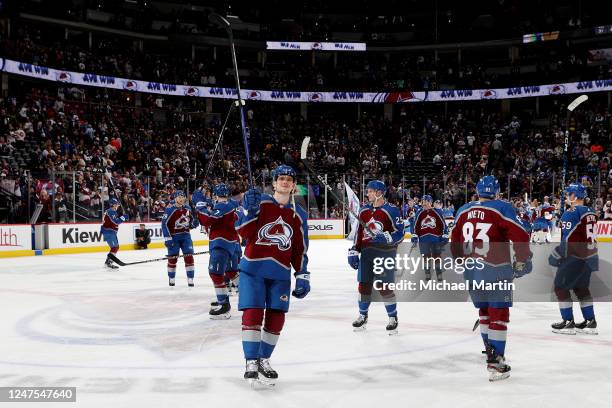 Bowen Byram of the Colorado Avalanche celebrates a win against the Vegas Golden Knights at Ball Arena on February 27, 2023 in Denver, Colorado. The...