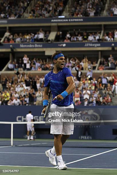 Rafael Nadal of Spain reacts against Novak Djokovic of Serbia during the Men's Final on Day Fifteen of the 2011 US Open at the USTA Billie Jean King...