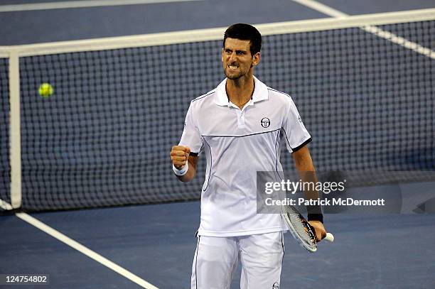 Novak Djokovic of Serbia reacts against Rafael Nadal of Spain during the Men's Final on Day Fifteen of the 2011 US Open at the USTA Billie Jean King...