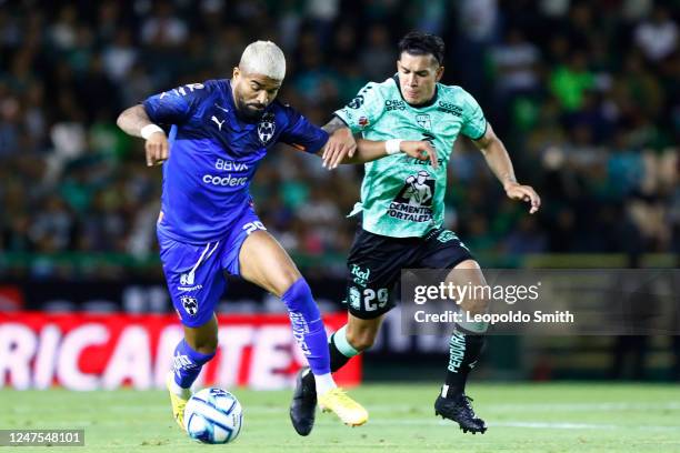 Rodrigo Aguirre of Monterrey competes for the ball with Lucas Romero of Leon during the 9nd round match between Leon and Monterrey as part of the...