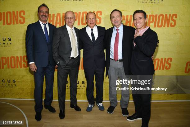 Scott Niemeyer, Paul Brooks, Woody Harrelson, Bobby Farrelly and Jeremy Plager at the New York premiere of "Champions" held at AMC Lincoln Square 13...