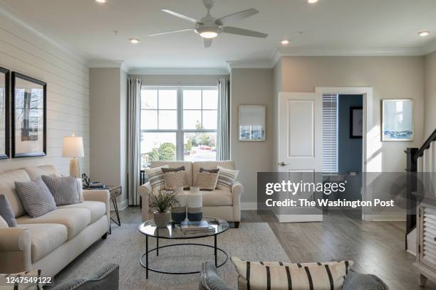 Living area and Powder Room in the Morgan model townhome at Deep Harbour on February 5, 2023 in Cambridge Maryland.