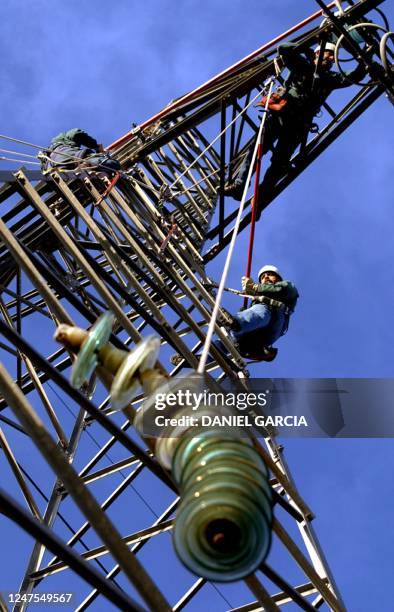 Workers of Distrocuyo, remove a glass insulator from an energy tower to replace it for an organic one, 21 October 2003 on the outskirts of Mendoza,...