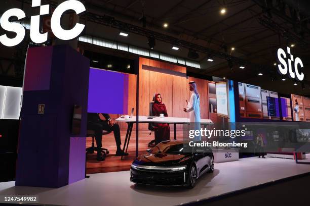 Lucid Motors Inc. Air electric vehicle at the Saudi Telecom Co. Stand on day two of the Mobile World Congress at the Fira de Barcelona venue in...