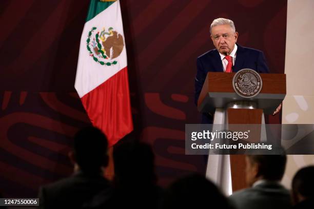 Mexican President Andres Manuel Lopez Obrador at the daily morning press conference at the National Palace in Mexico City. On February 27, 2023 in...
