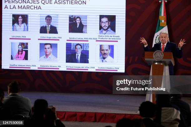 Mexican President Andres Manuel Lopez Obrador at the daily morning press conference at the National Palace in Mexico City. On February 27, 2023 in...