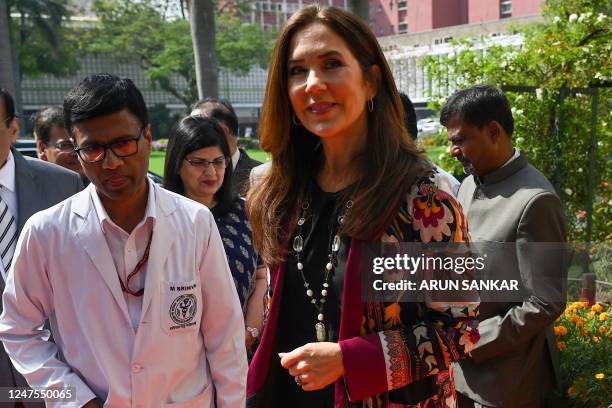 Denmarks Crown Princess Mary arrives at All India Institute of Medical Sciences in New Delhi on February 28, 2023.