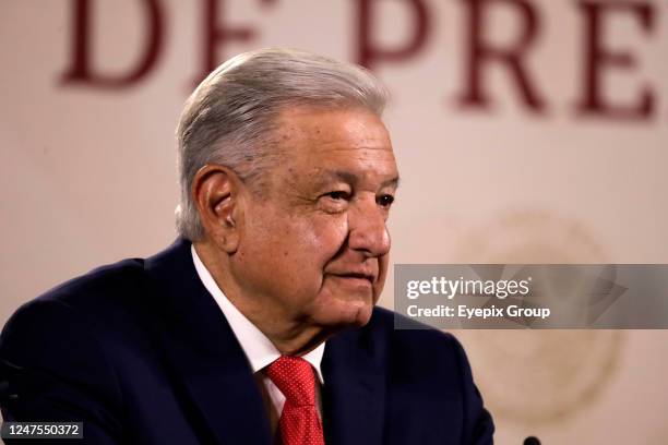 Mexican President Andres Manuel Lopez Obrador at the daily morning press conference at the National Palace in Mexico City. On February 27, 2023 in...