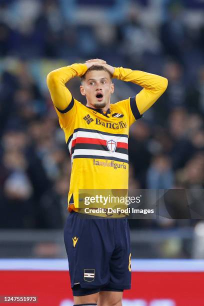 Mickael Cuisance of UC Sampdoria looks dejected during the Serie A match between SS Lazio and UC Sampdoria at Stadio Olimpico on February 27, 2023 in...