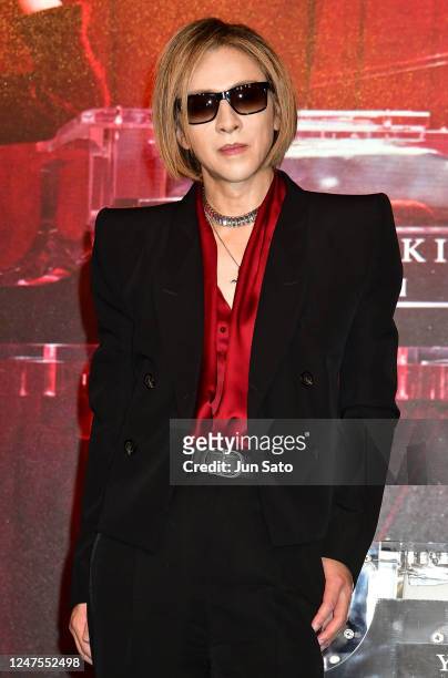Yoshiki attends a press conference for "Evening/Breakfast with YOSHIKI 2023" Dinner Show announcement at Grand Hyatt Tokyo on February 28, 2023 in...