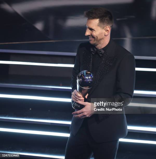 Lionel Messi poses with the Best FIFA Men's Payer 2022 award during The Best FIFA Football Awards 2022 on February 27, 2023 in Paris, France.