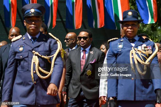 King Misuzulu kaZwelithini arrives at the KwaZulu-Natal State Of The Province Address at Oval Cricket Stadium on February 24, 2023 in...