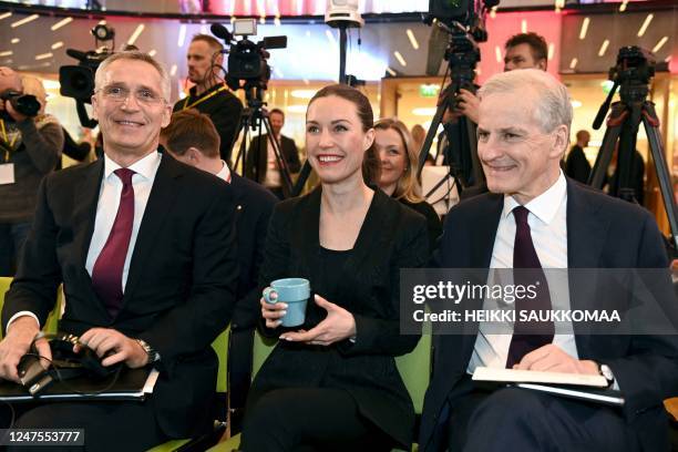 Secretary General Jens Stoltenberg, Finnish Prime Minister Sanna Marin and Norwegian Prime Minister Jonas Gahr Store attend the annual meeting of...