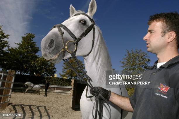 Photo prise le 13 septembre 2007 de dresseurs travaillant avec leurs chevaux au centre équestre du parc de loisirs du Puy-du-Fou aux Epesses. Une...