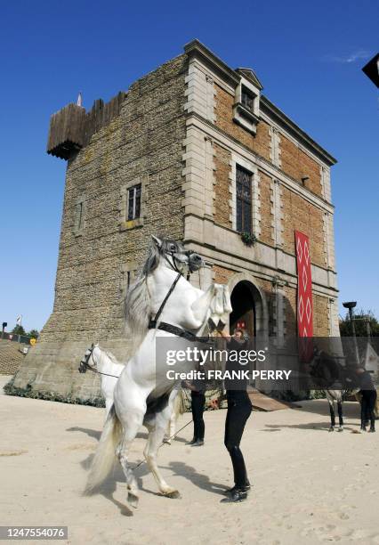 Photo prise le 13 septembre 2007 de dresseurs travaillant avec leurs chevaux au centre équestre du parc de loisirs du Puy-du-Fou aux Epesses. Une...