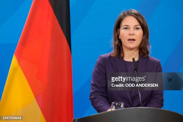 German Foreign Minister Annalena Baerbock addresses a joint press conference after talks with her Israeli counterpart at the Foreign Office in...
