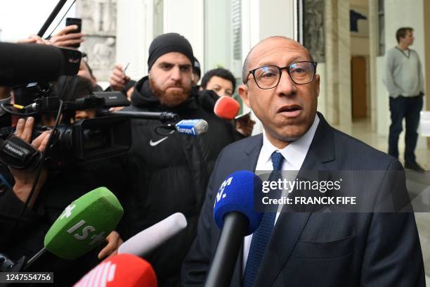 Newly-named interim President of the French Football Federation , Philippe Diallo, speaks to journalists outside the FFF headquarters, after the...