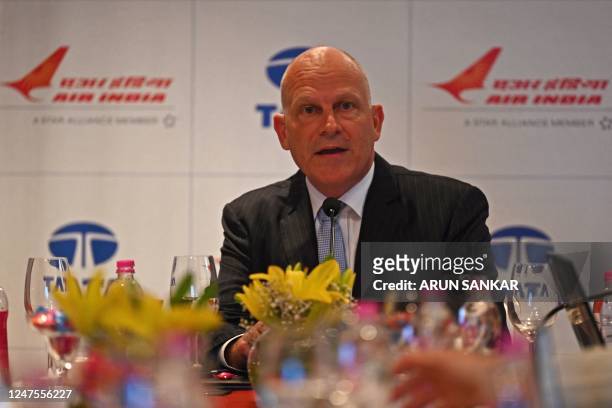 Campbell Wilson, the chief executive of Air India airline, addresses a media briefing in Gurgaon on February 28, 2023.
