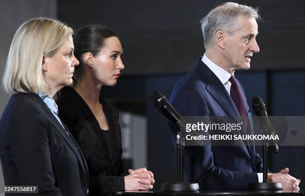 Former Prime Minister of Sweden and Social Democratic Party leader Magdalena Andersson, Finnish Prime Minister Sanna Marin and Norway's Prime...