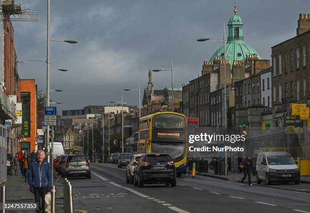 General view of Rathmines main street in Dublin, Ireland, on February 17, 2023.