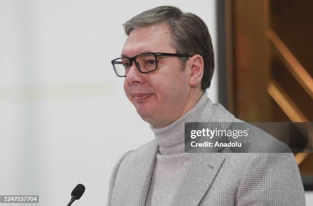 Serbian President Aleksandar Vucic and EU Commission Neighborhood and Enlargement Commissioner Oliver Varhelyi hold a joint press conference at the...