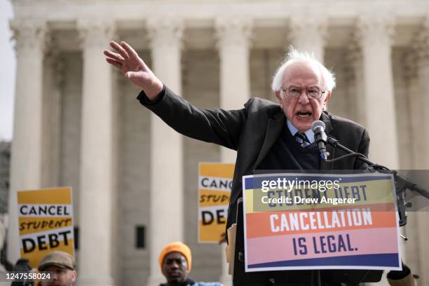 Sen. Bernie Sanders speaks during a rally in support of the Biden administration's student debt relief plan in front of the U.S. Supreme Court on...