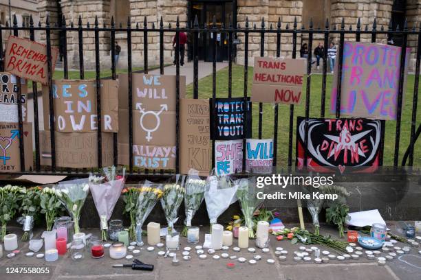 Flowers cards, candles and signs for murdered teenager Brianna Ghey on railings on 21st Febuary 2023 in Oxford, United Kingdom. Ghey was a...