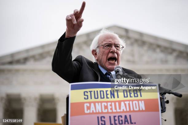 Sen. Bernie Sanders speaks during a rally in support of the Biden administration's student debt relief plan in front of the U.S. Supreme Court on...