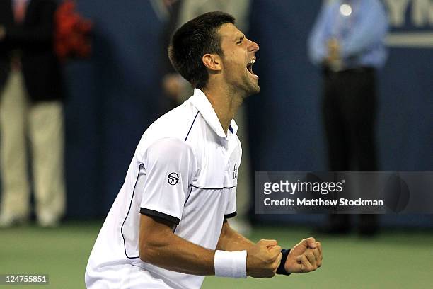 Novak Djokovic of Serbia reacts after he won match point against Rafael Nadal of Spain during the Men's Final on Day Fifteen of the 2011 US Open at...