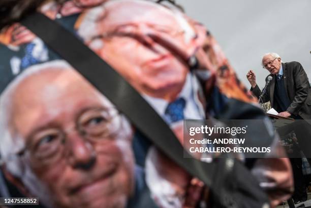 Senator Bernie Sanders speaks at a protest in front of the Supreme Court during a rally for student debt cancellation in Washington, DC, on February...