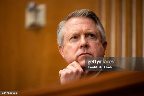 Sen. Roger Marshall, R-Kan., listens as Colleen Shogan, nominee to be Archivist of the United States, testifies during her confirmation hearing in...