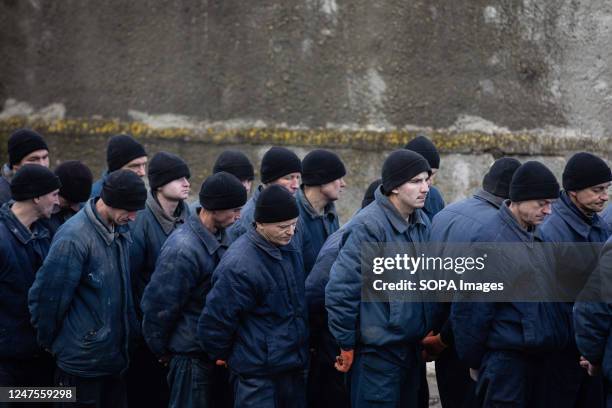 Group of Russian prisoners of war in a Ukrainian colony for war criminals. Total number of POWs in the camp not disclosed. Most of the prisoners in...