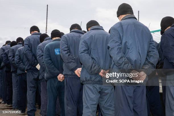 Group of Russian prisoners of war in a Ukrainian colony for war criminals. Total number of POWs in the camp not disclosed. Most of the prisoners in...
