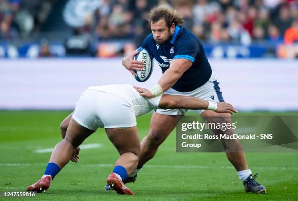 Pierre Schoeman in action for Scotland during a Guinness Six Nations match between France and Scotland at the Stade de France, on February 26 in...