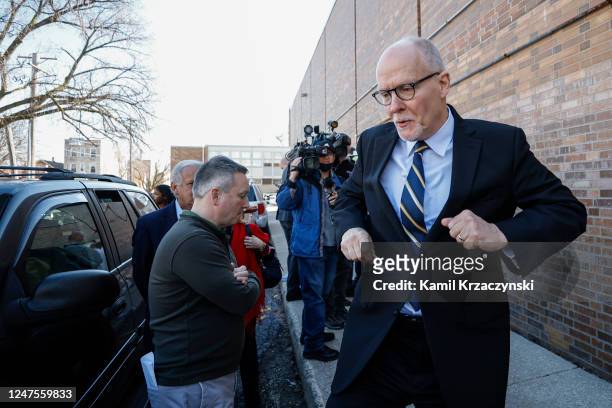 Chicago mayoral candidate and former Chicago Public Schools CEO Paul Vallas leaves Robert Healy Elementary School after casting his ballot in a...