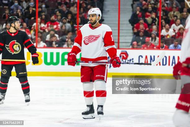 Detroit Red Wings Winger Robby Fabbri before a face-off during first period National Hockey League action between the Detroit Red Wings and Ottawa...