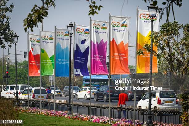 Flags installations are seen on the roadsides ahead of G20 Meetings at Indra Gandhi Road on February 28, 2023 in New Delhi, India.