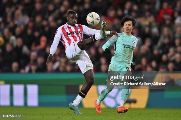 Axel Tuanzebe of Stoke City with overhead kick during the Emirates FA Cup Fifth Round match between Stoke City and Brighton & Hove Albion at Bet365...