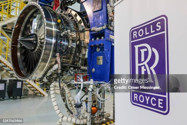 Rolls Royce jet engine and logo is on display during a visit of German Labor and Social Affairs Minister Hubertus Heil, at the Rolls-Royce aircraft...