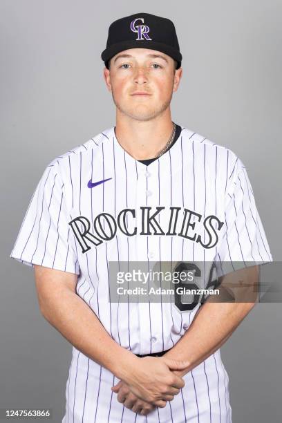 Hunter Goodman of the Colorado Rockies poses for a photo during the Colorado Rockies Photo Day at Salt River Fields at Talking Stick on Friday,...