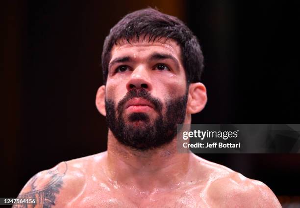 Raphael Assuncao of Brazil reacts after his knockout loss to Cody Garbrandt in their bantamweight bout during the UFC 250 event at UFC APEX on June...