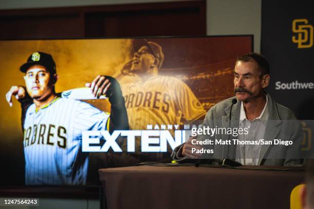 Padres Chairman Peter Seidler speaks during Manny Machados contract extension press conference at the Peoria Sports Complex on February 28, 2023 in...