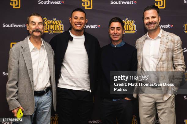 Manny Machado of the San Diego Padres poses for a photo with Padres Chairman Peter Seidler, Padres President of Baseball Operations and General...