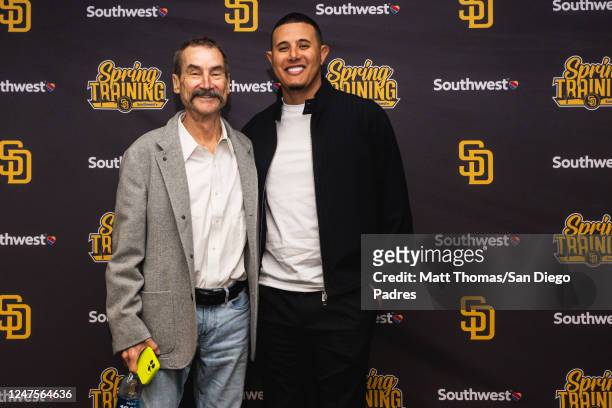 Manny Machado of the San Diego Padres poses for a photo with Padres Chairman Peter Seidler after his contract extension press conference at the...